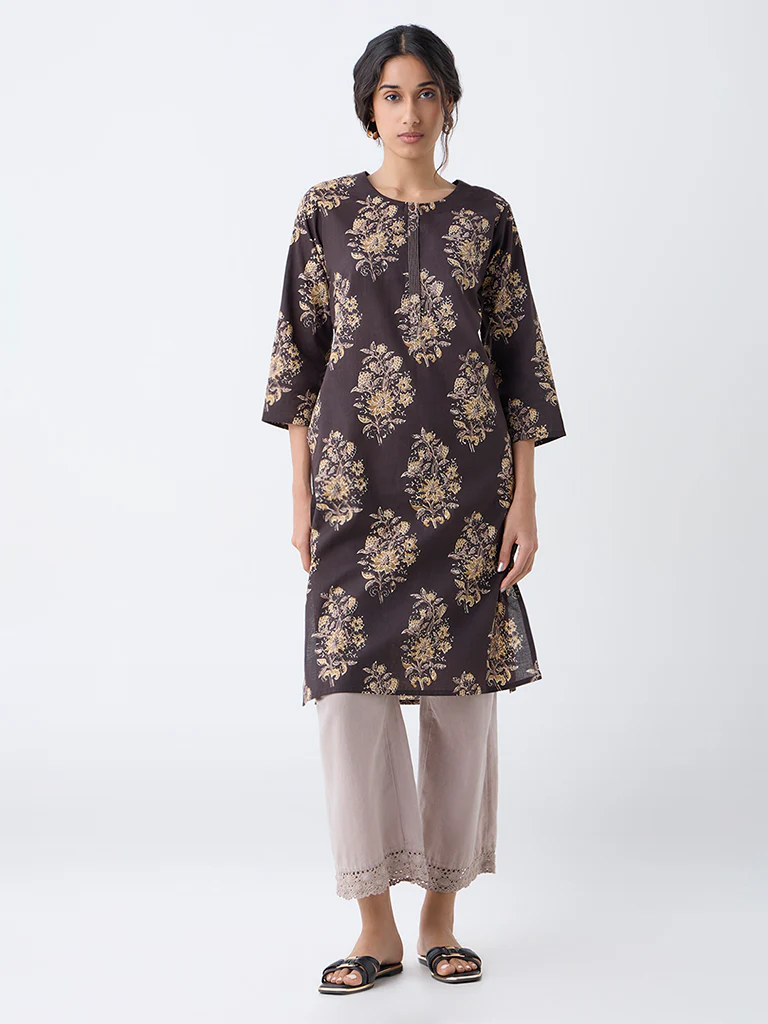 Utsa Dark Brown Foliage Printed Straight Cotton Kurta