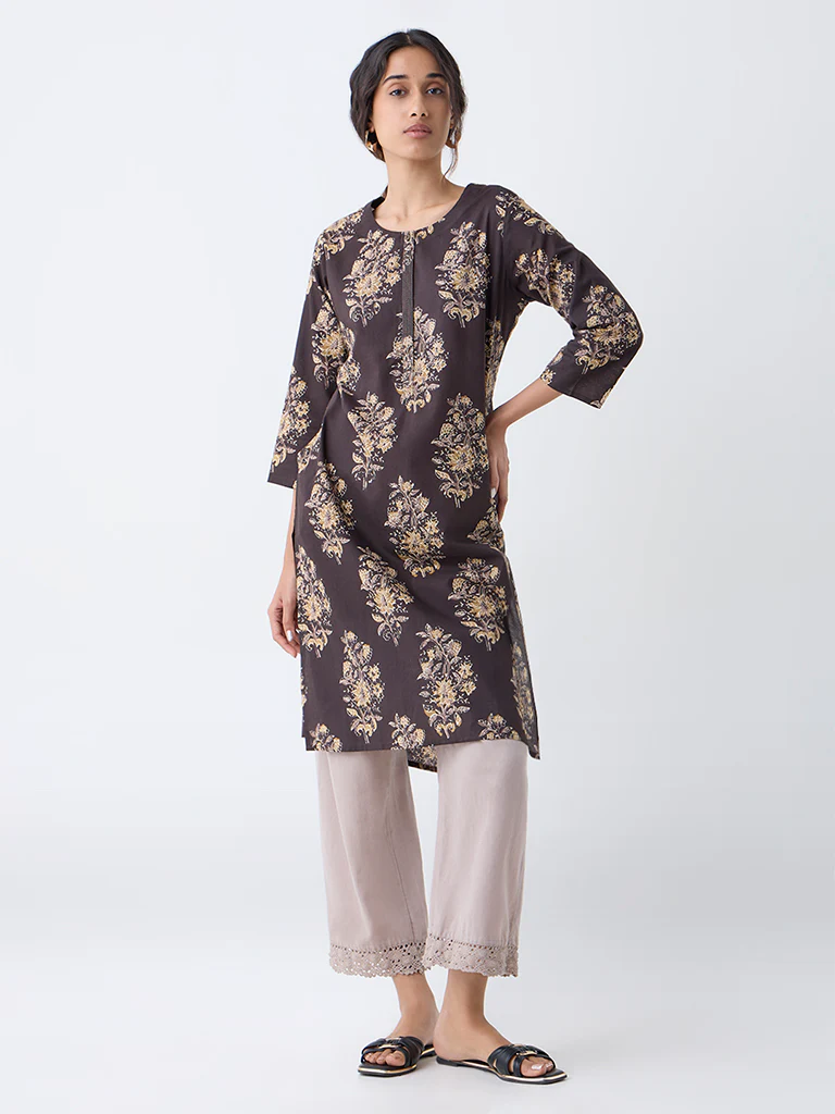 Utsa Dark Brown Foliage Printed Straight Cotton Kurta - Image 2