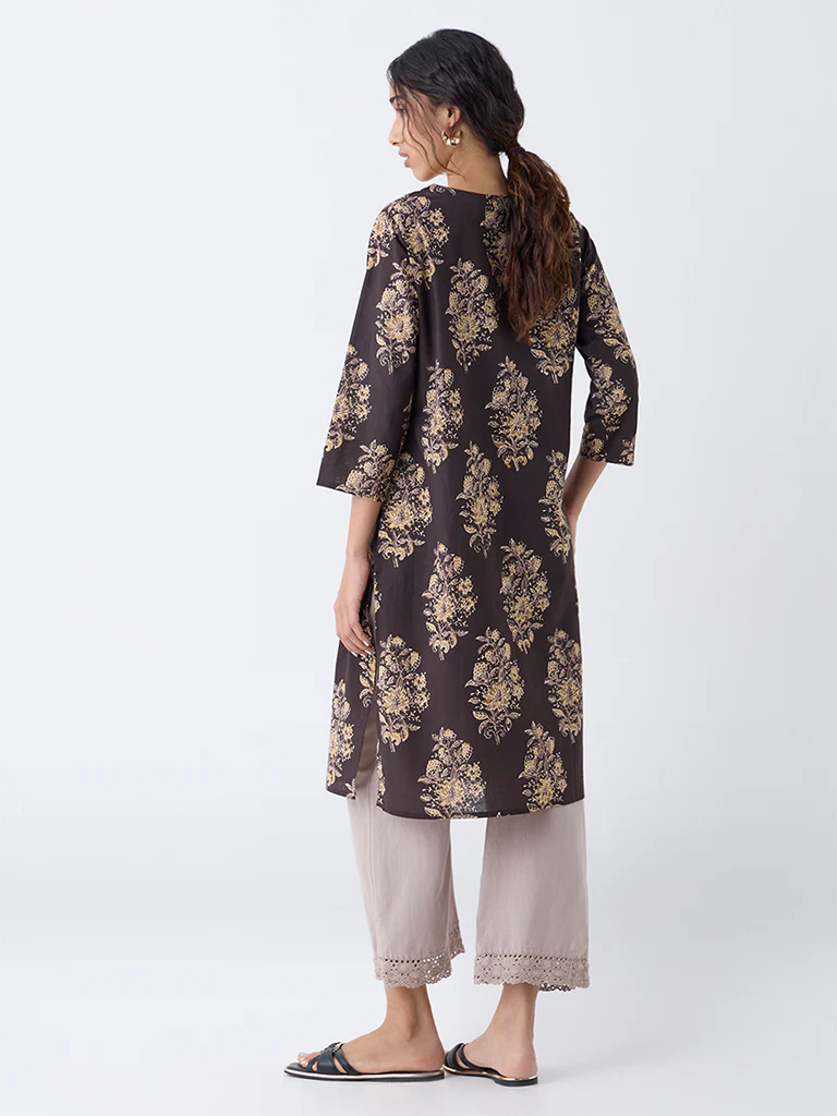 Utsa Dark Brown Foliage Printed Straight Cotton Kurta - Image 4