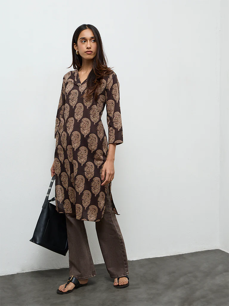 Utsa Dark Brown Paisley Printed Cotton Straight Kurta - Image 2