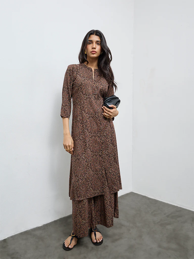 Utsa Dark Brown Printed A-Line Kurta