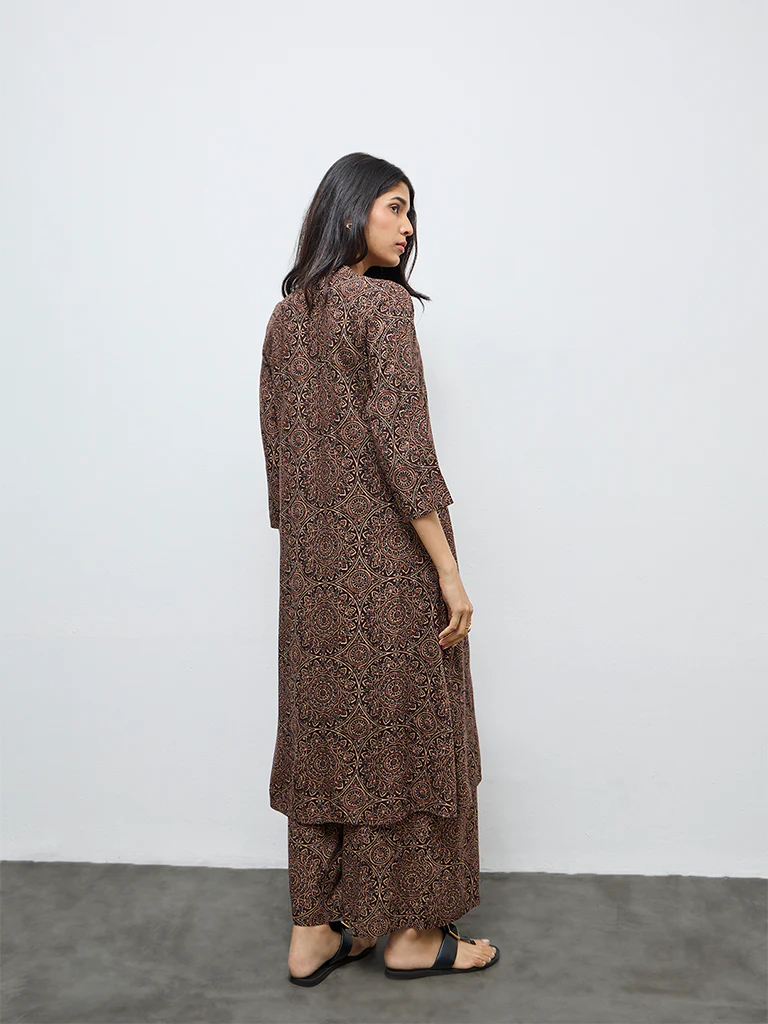 Utsa Dark Brown Printed A-Line Kurta - Image 4