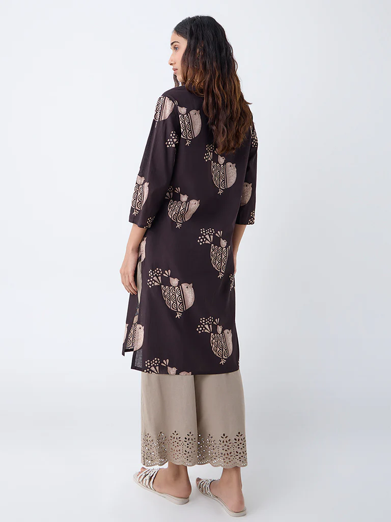 Utsa Dark Brown Printed Cotton Straight Kurta - Image 4