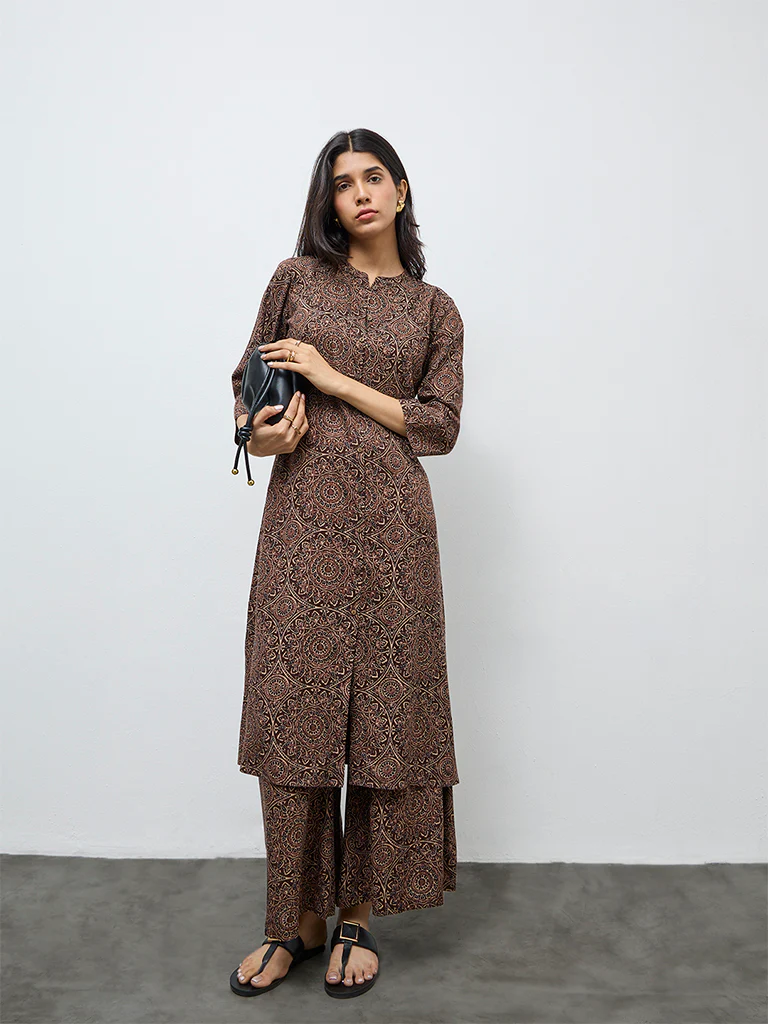 Utsa Dark Brown Printed Palazzos - Image 2