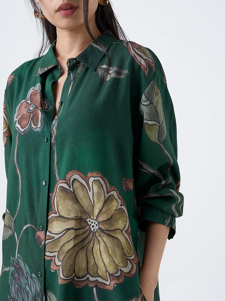 Utsa Dark Green Botanical Design Tunic - Image 3