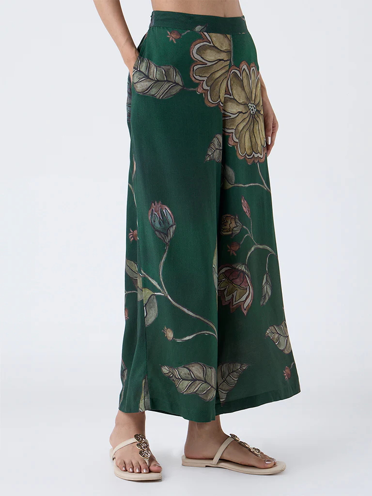 Utsa Dark Green Botanical Pattern Palazzos
