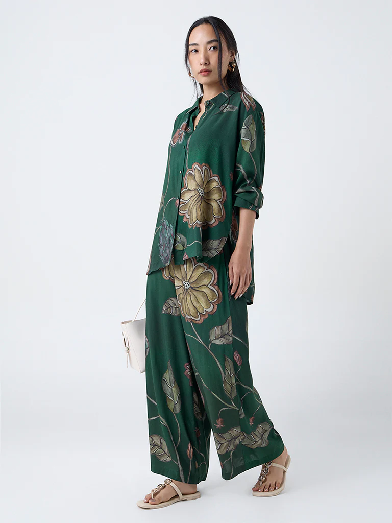 Utsa Dark Green Botanical Pattern Palazzos - Image 2