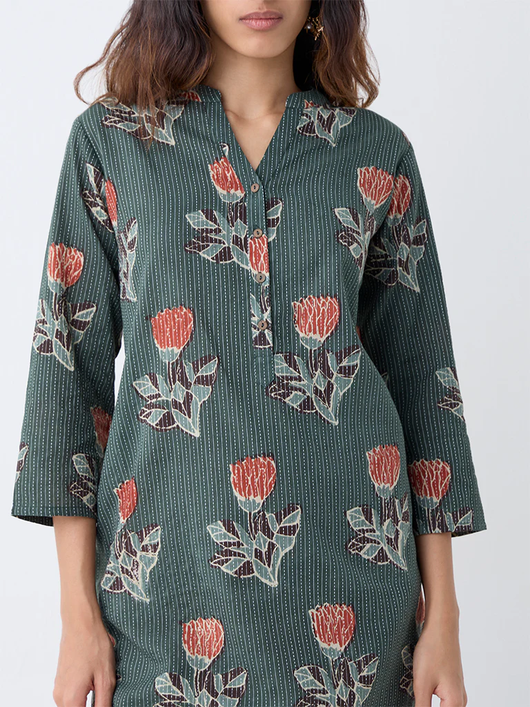 Utsa Dark Green Floral Design Cotton-Blend Straight Kurta - Image 3