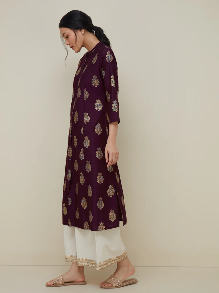 Utsa Dark Purple Buta Design A-Line Kurta - Image 3