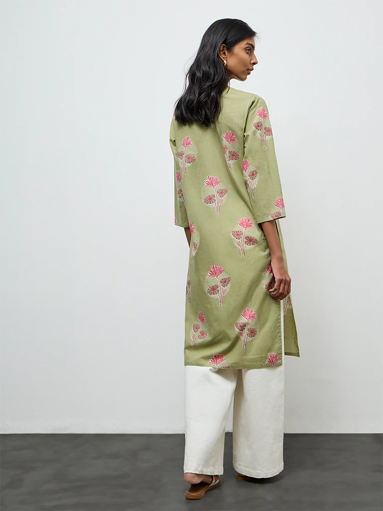 Utsa Dark Sage Floral Printed Straight Cotton Kurta - Image 4