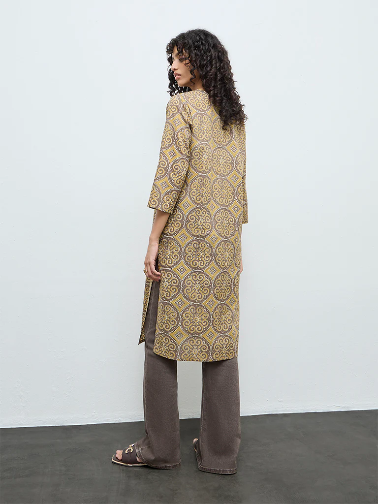 Utsa Dark Yellow Printed Cotton Straight Kurta - Image 4