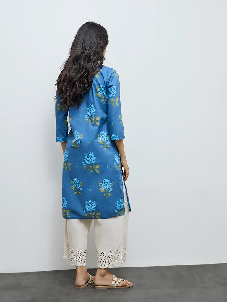 Utsa Dusty Blue Floral Printed Cotton Straight Kurta - Image 4