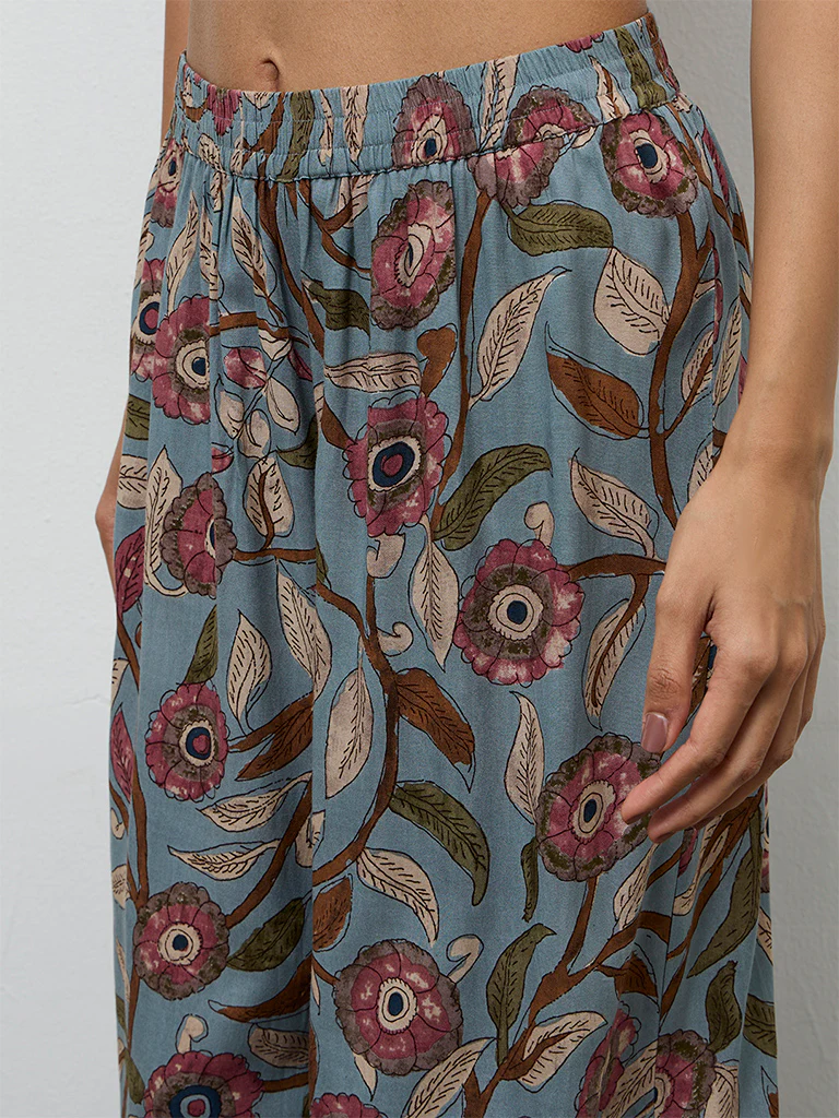 Utsa Dusty Blue Foliage Pattern Palazzos - Image 3