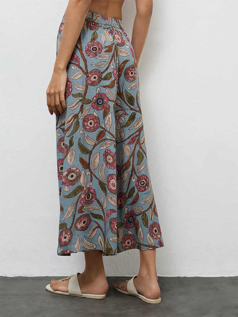 Utsa Dusty Blue Foliage Pattern Palazzos - Image 4