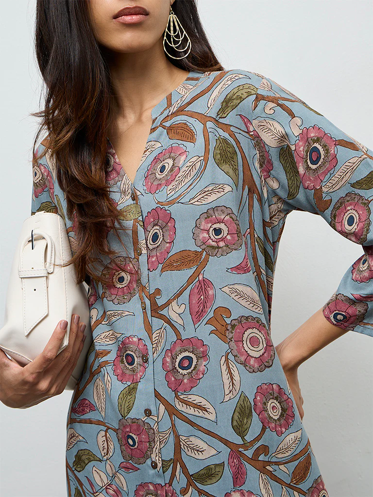Utsa Dusty Blue Foliage Printed A-Line Kurta - Image 3