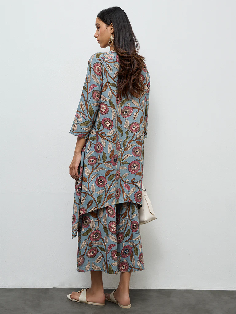 Utsa Dusty Blue Foliage Printed A-Line Kurta - Image 4