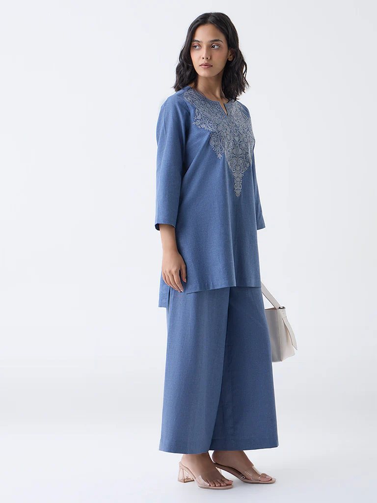 Utsa Dusty Blue Paisley Embroidered Cotton Tunic - Image 2