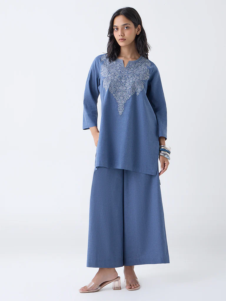 Utsa Dusty Blue Solid Cotton Palazzos - Image 2