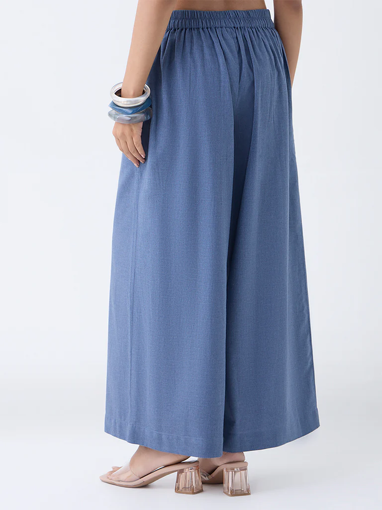 Utsa Dusty Blue Solid Cotton Palazzos - Image 4