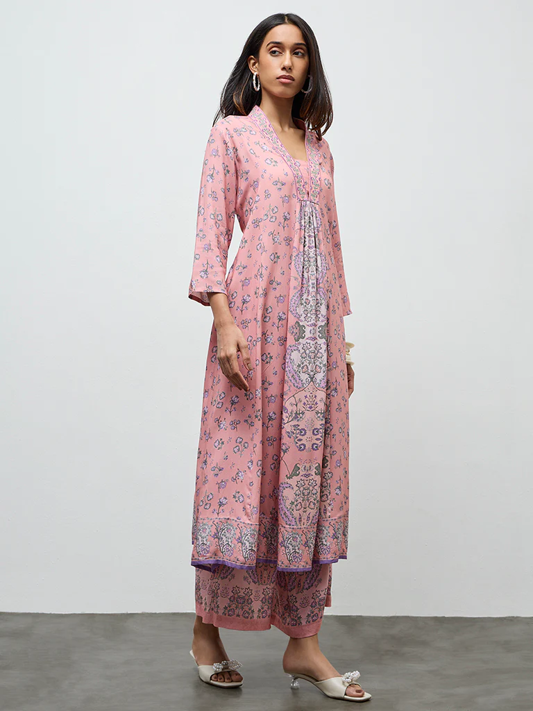 Utsa Dusty Pink Argyle Printed A-Line Kurta - Image 2