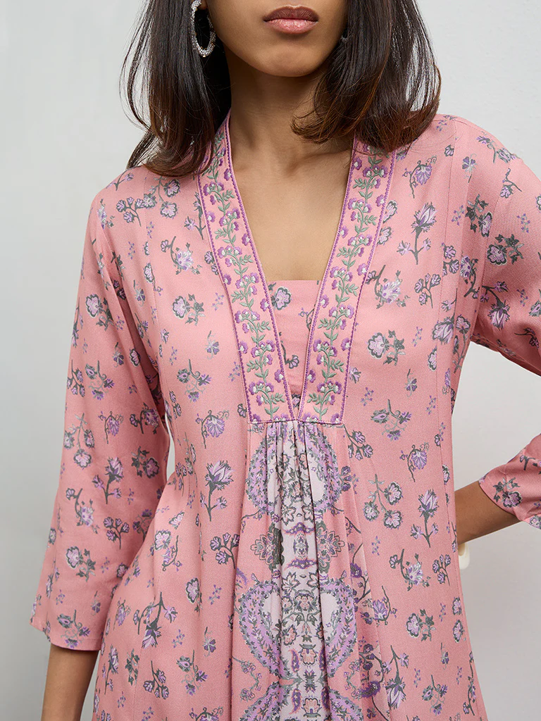 Utsa Dusty Pink Argyle Printed A-Line Kurta - Image 3
