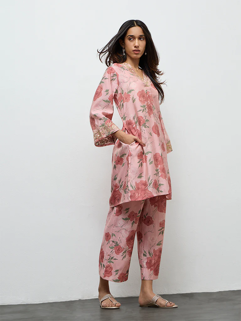 Utsa Dusty Pink Botanical Design A-Line Kurta - Image 2