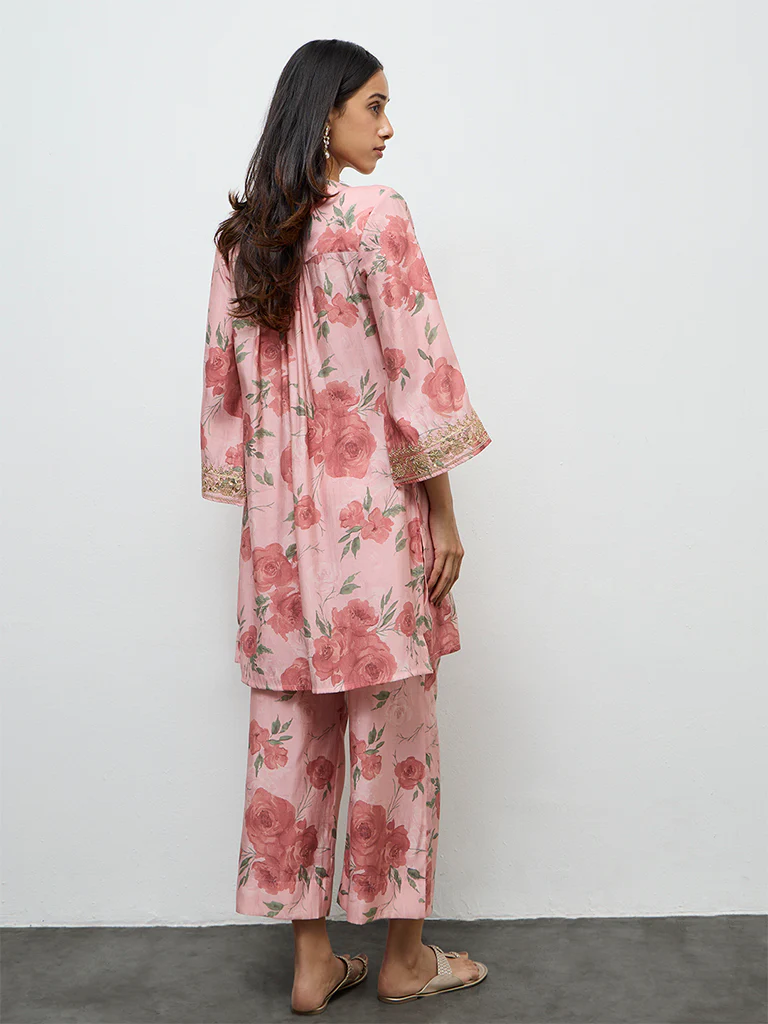 Utsa Dusty Pink Botanical Design A-Line Kurta - Image 4