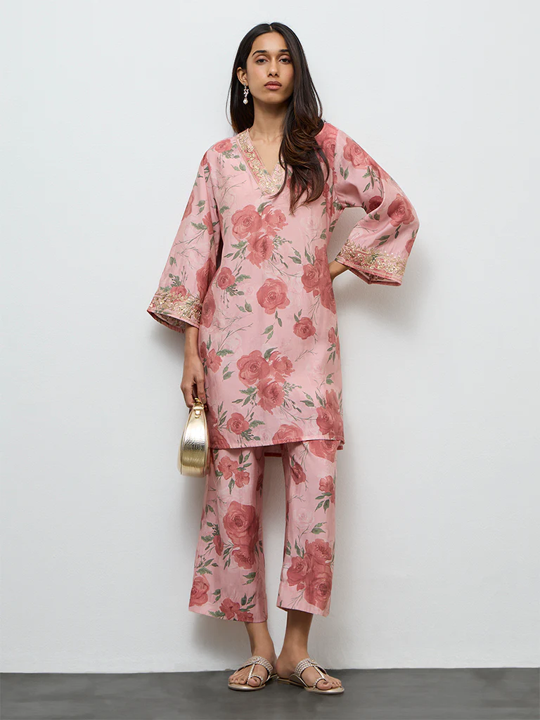 Utsa Dusty Pink Botanical Design Ethnic Pants - Image 2