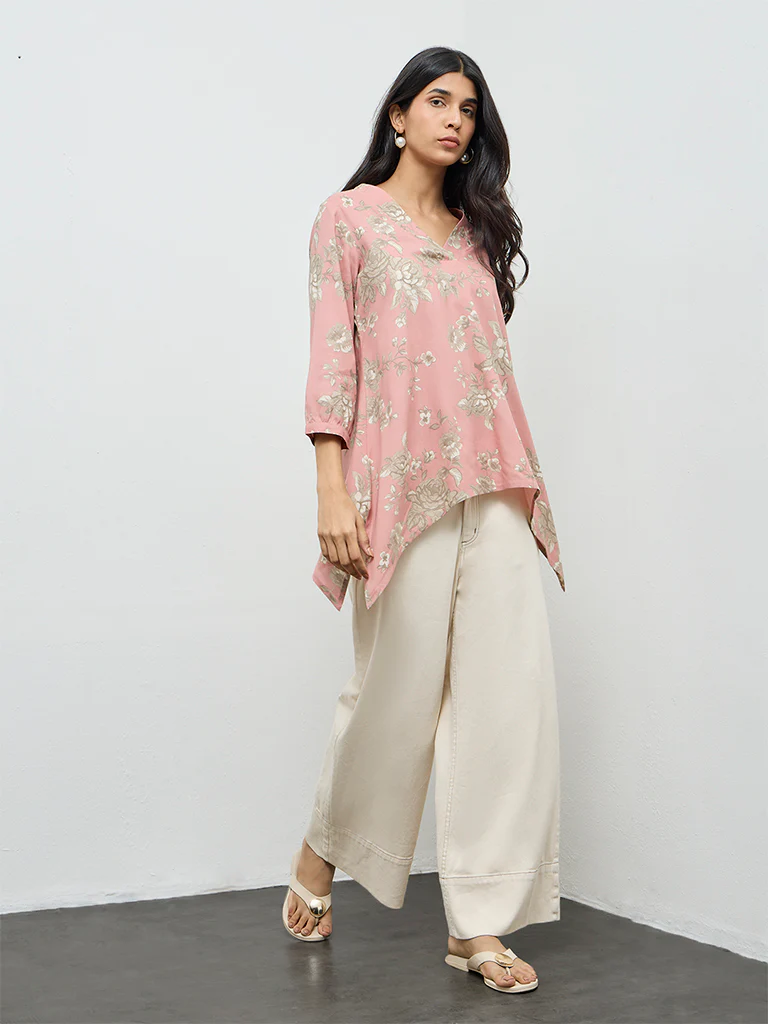 Utsa Dusty Pink Botanical Design Tunic - Image 2