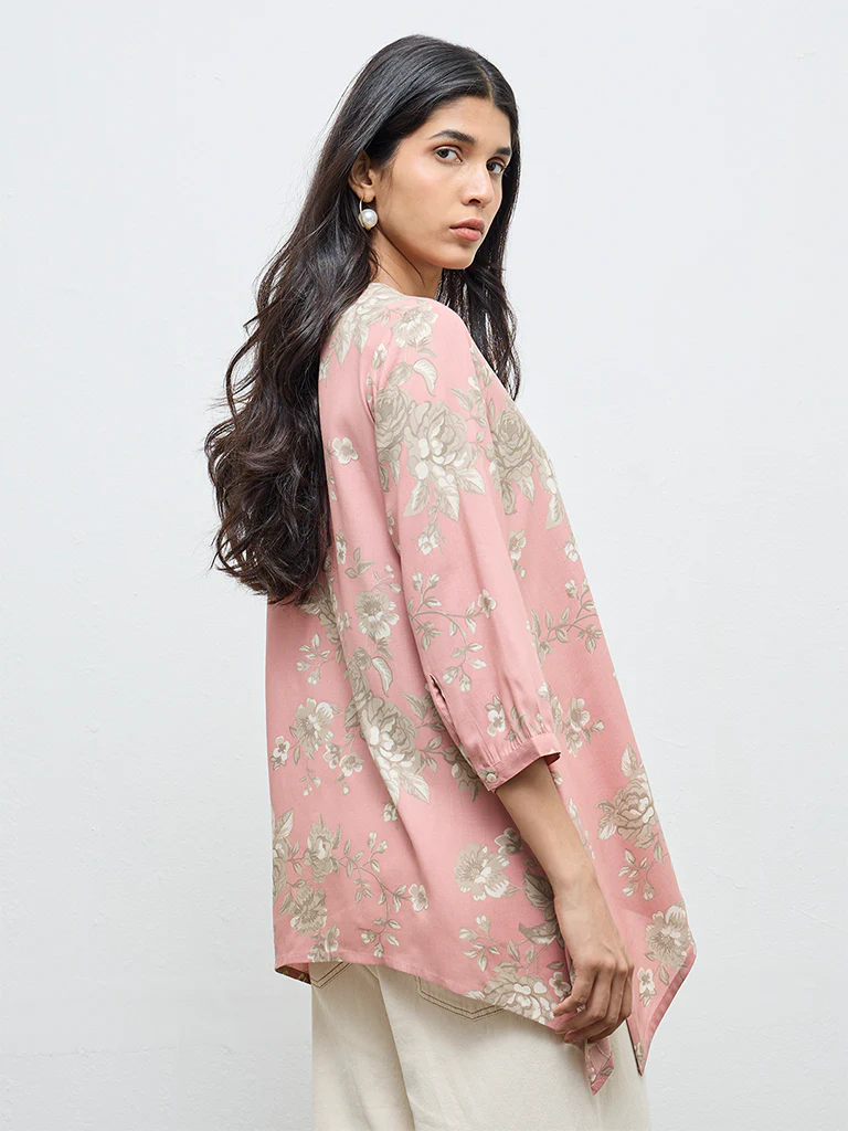 Utsa Dusty Pink Botanical Design Tunic - Image 4