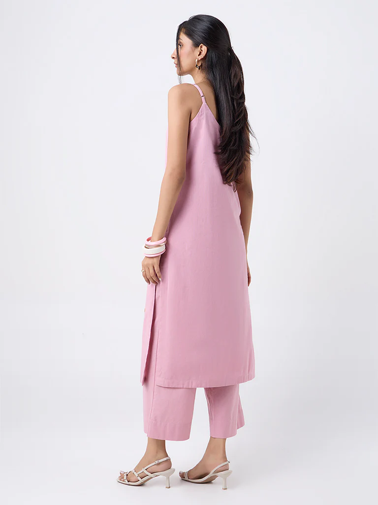 Utsa Dusty Pink Embroidered Cotton-Blend A-Line Kurta - Image 4