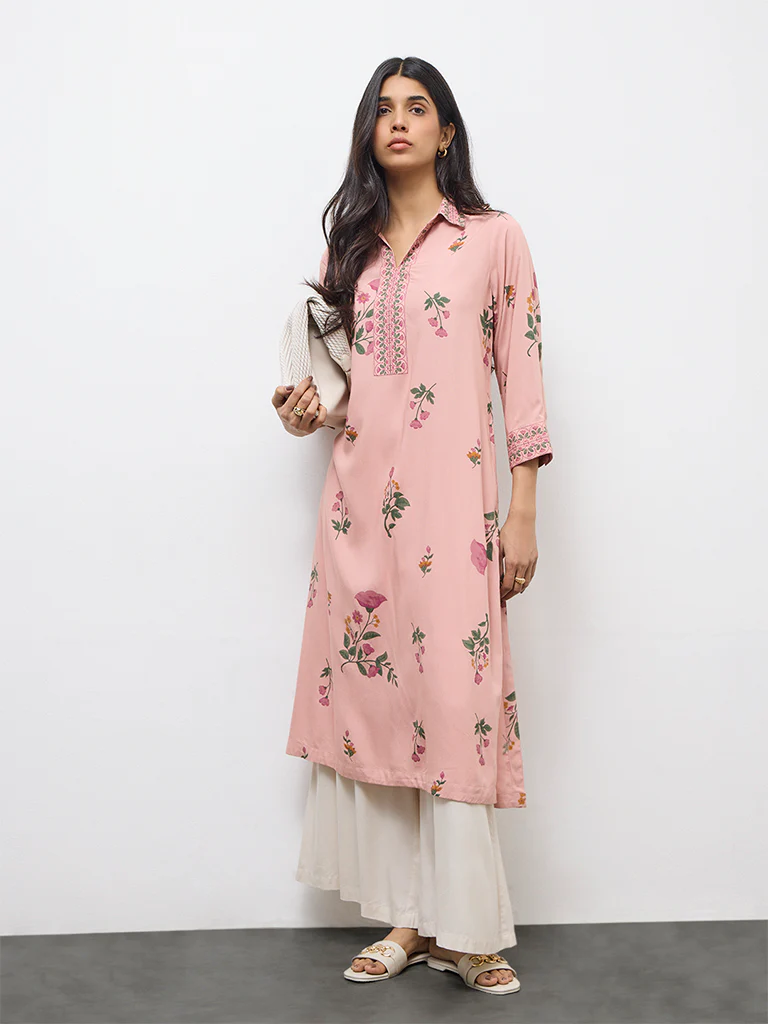 Utsa Dusty Pink Floral Design A-Line Kurta