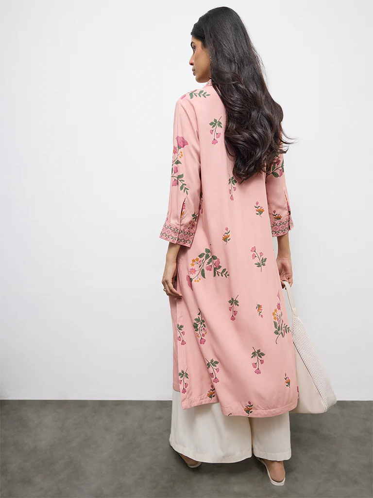 Utsa Dusty Pink Floral Design A-Line Kurta - Image 4