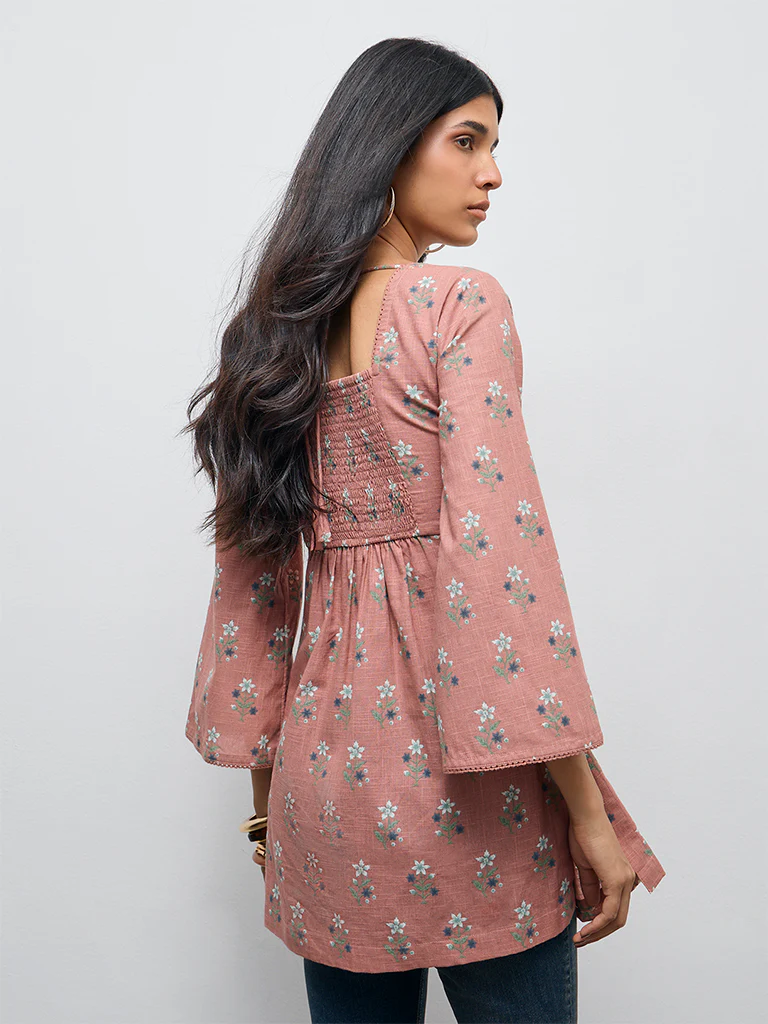 Utsa Dusty Pink Floral Design Cotton Tunic - Image 4