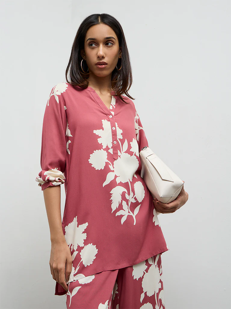 Utsa Dusty Pink Floral Design Tunic - Image 2