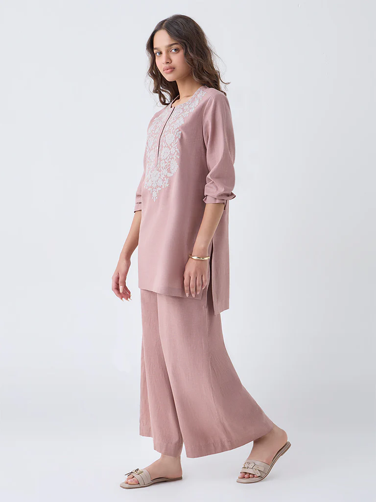 Utsa Dusty Pink Floral Embroidered Cotton Tunic - Image 2