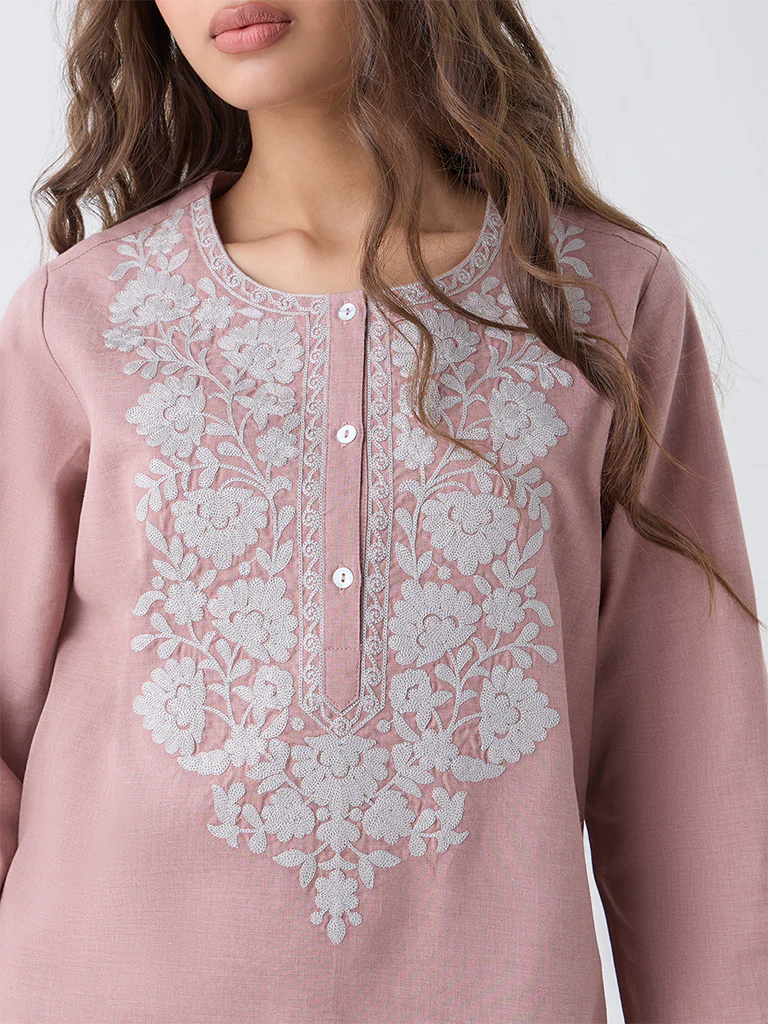 Utsa Dusty Pink Floral Embroidered Cotton Tunic - Image 3