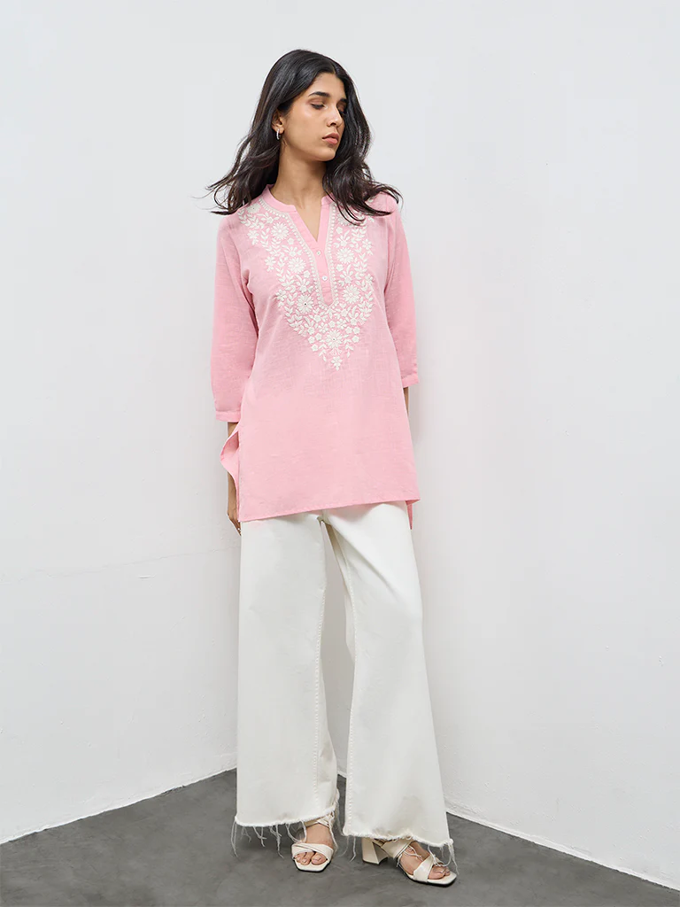 Utsa Dusty Pink Floral Embroidered Cotton Tunic - Image 2