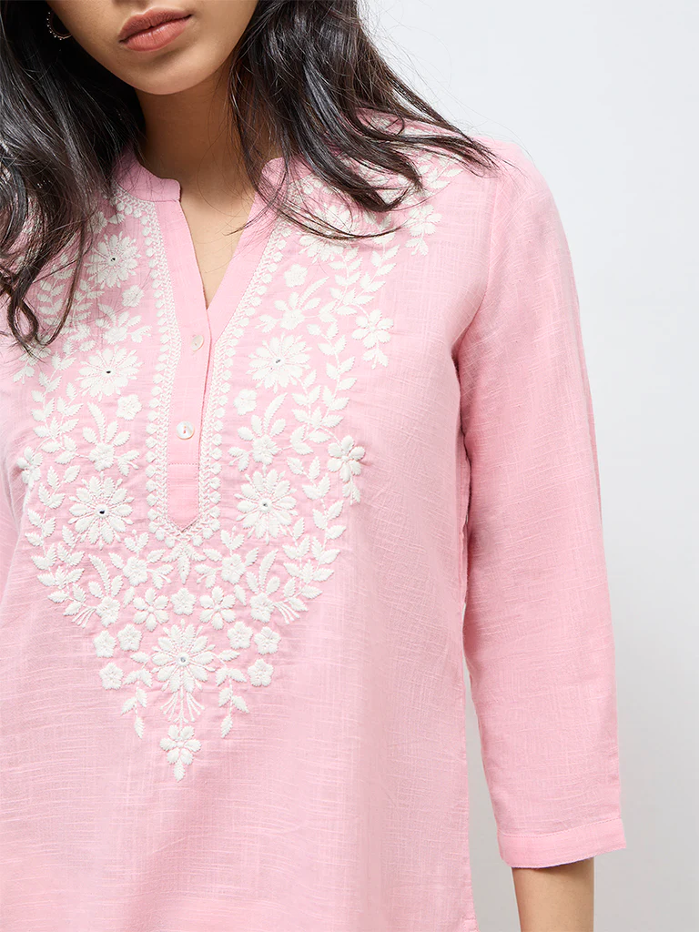 Utsa Dusty Pink Floral Embroidered Cotton Tunic - Image 3