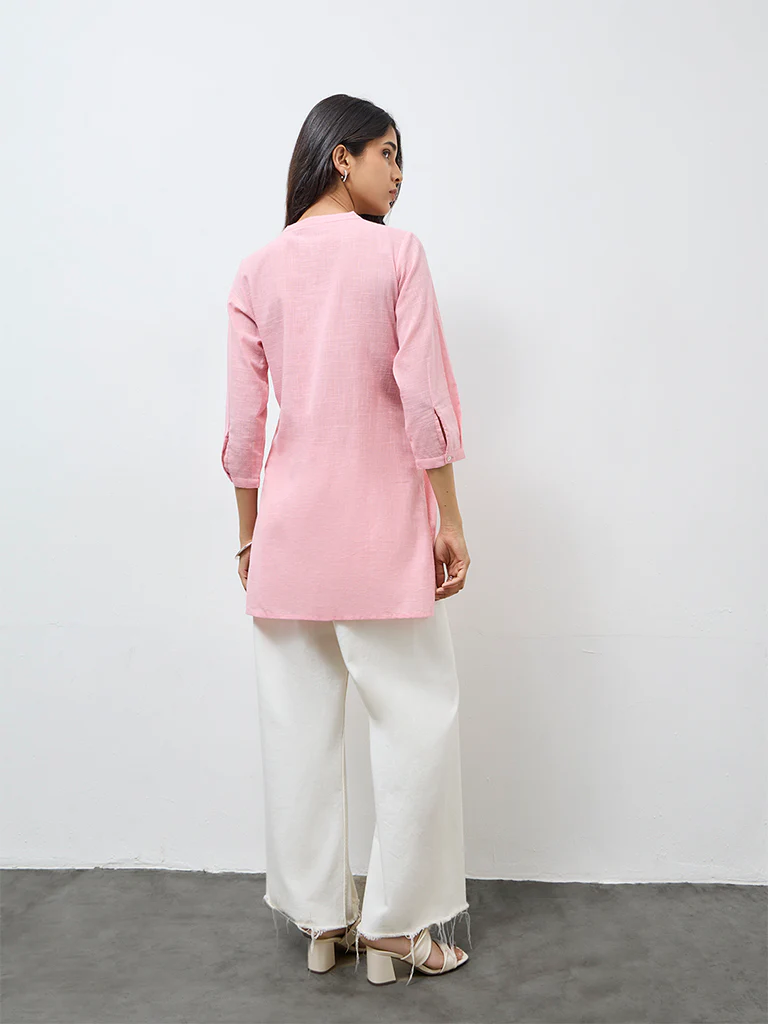 Utsa Dusty Pink Floral Embroidered Cotton Tunic - Image 4