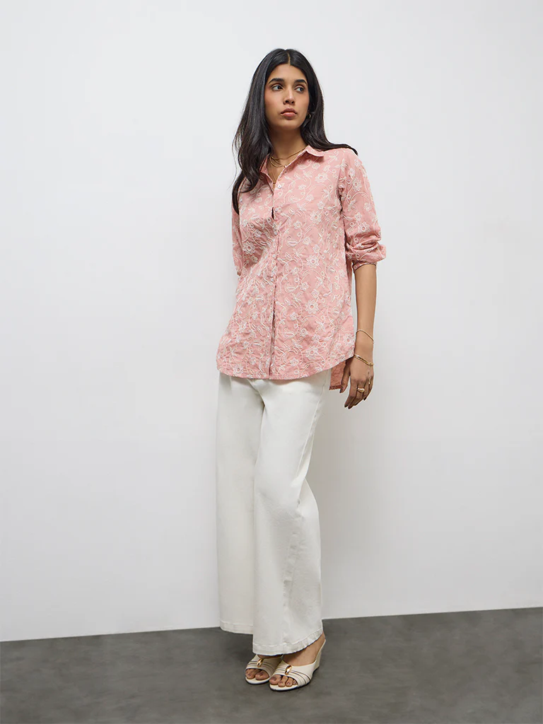 Utsa Dusty Pink Floral Embroidered Cotton Tunic - Image 2