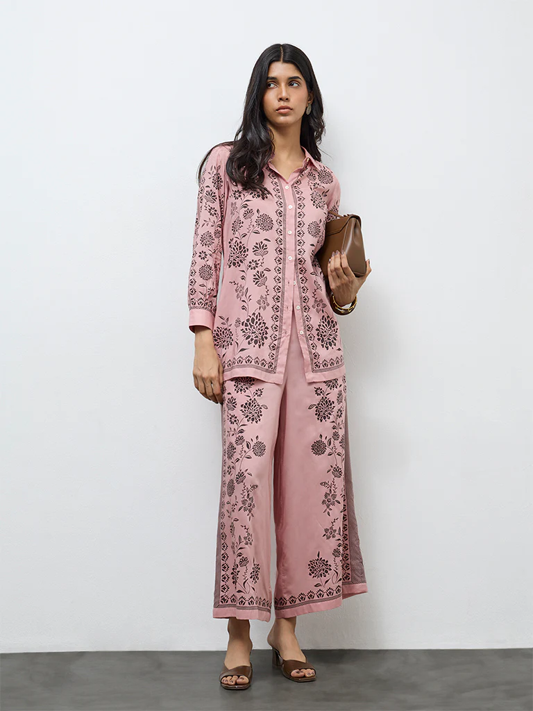 Utsa Dusty Pink Floral Printed Palazzos - Image 2