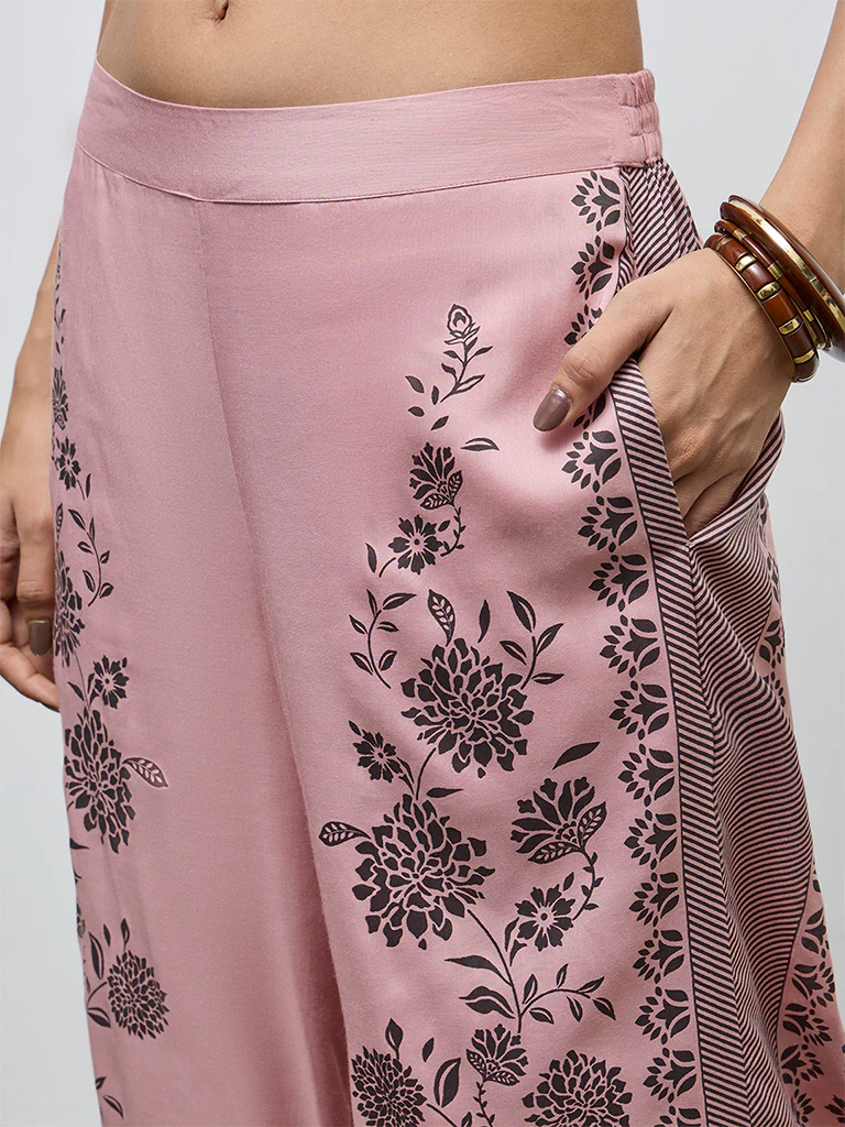 Utsa Dusty Pink Floral Printed Palazzos - Image 3