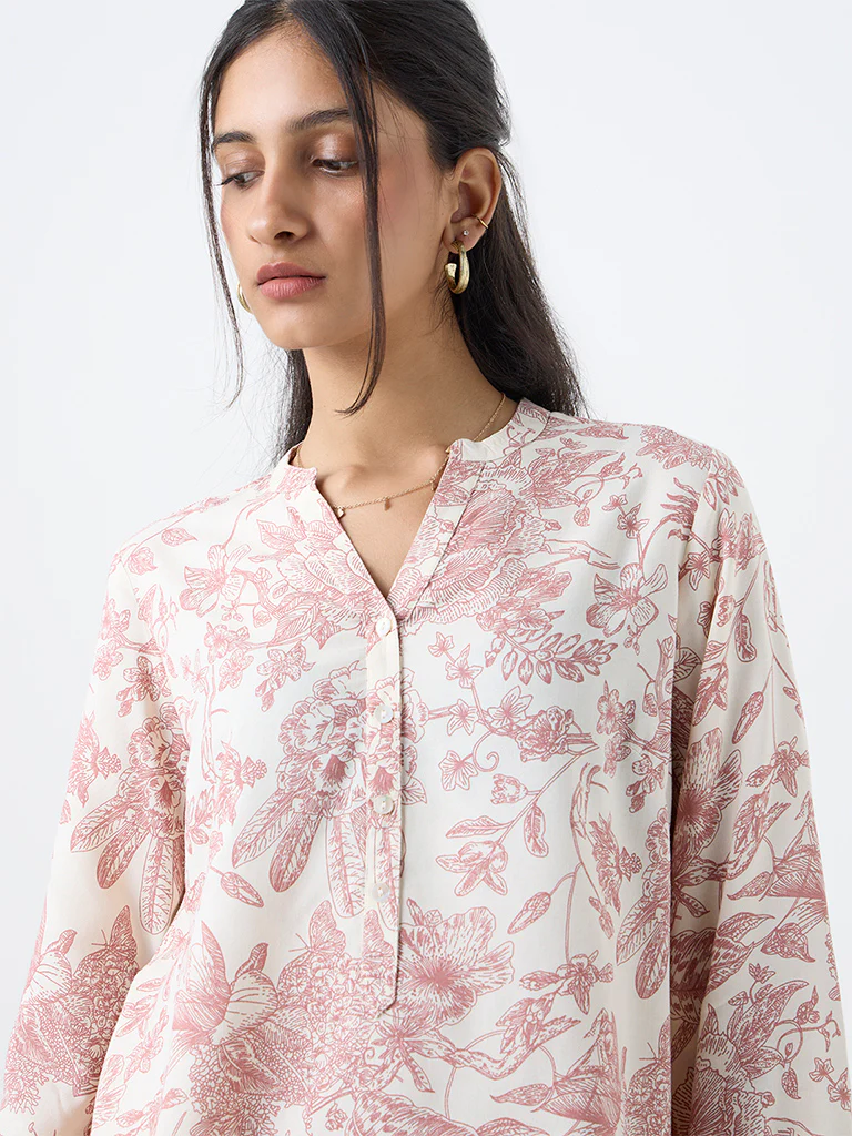 Utsa Dusty Pink Foliage Printed Tunic - Image 3