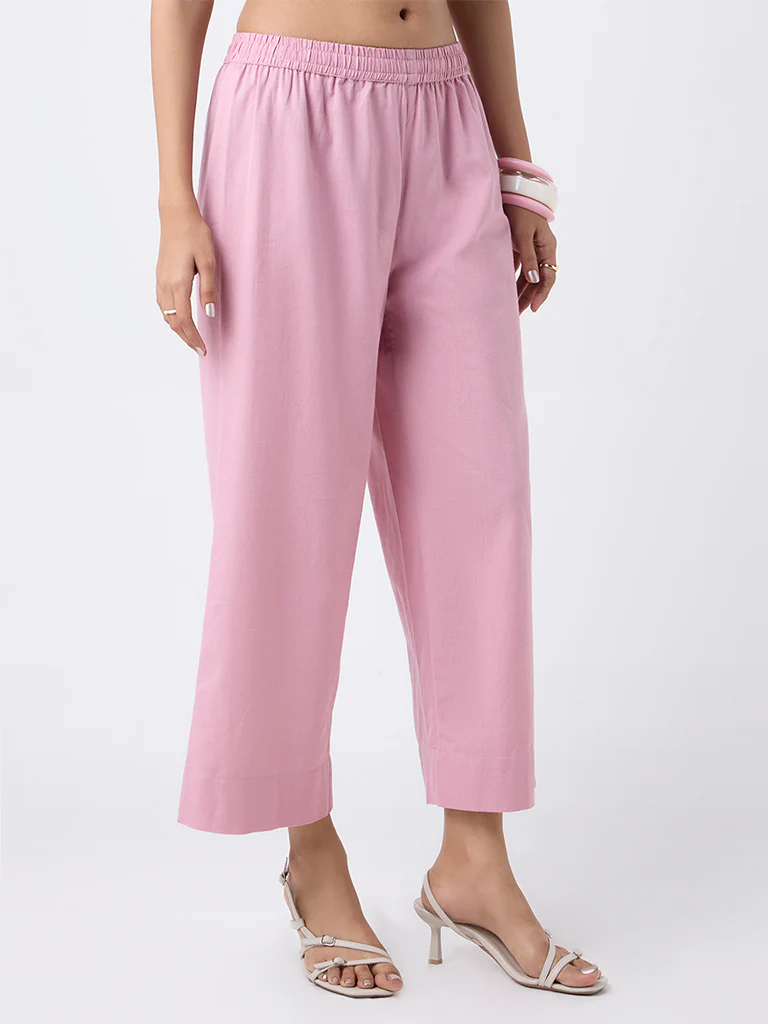 Utsa Dusty Pink Solid Cotton-Blend Pants