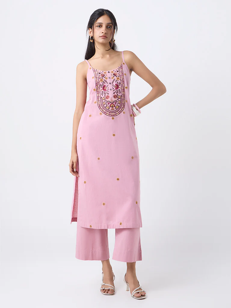 Utsa Dusty Pink Solid Cotton-Blend Pants - Image 2