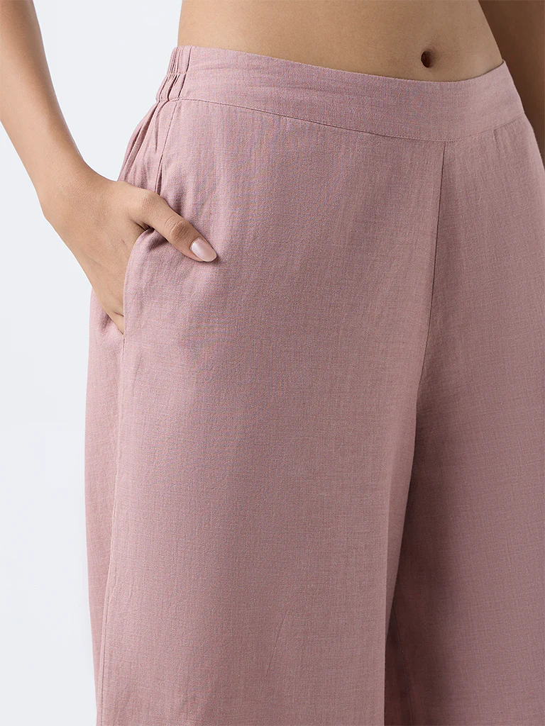 Utsa Dusty Pink Solid Cotton Palazzos - Image 3