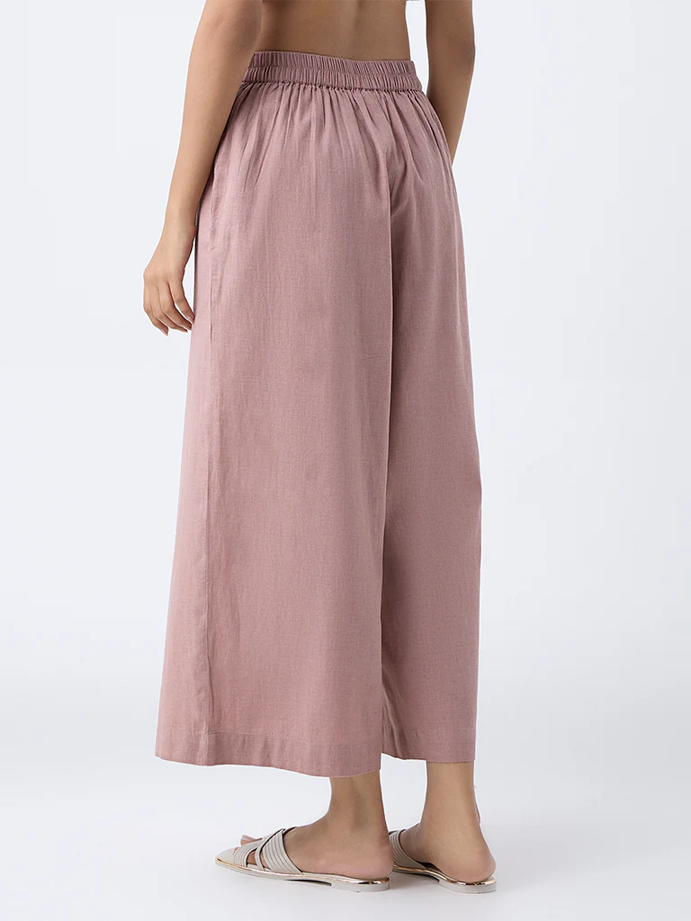Utsa Dusty Pink Solid Cotton Palazzos - Image 4