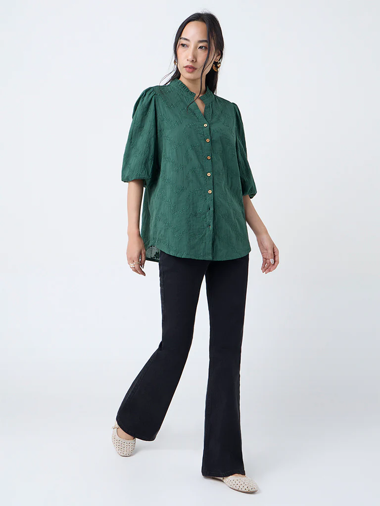 Utsa Emerald Green Floral Embroidered Cotton Tunic