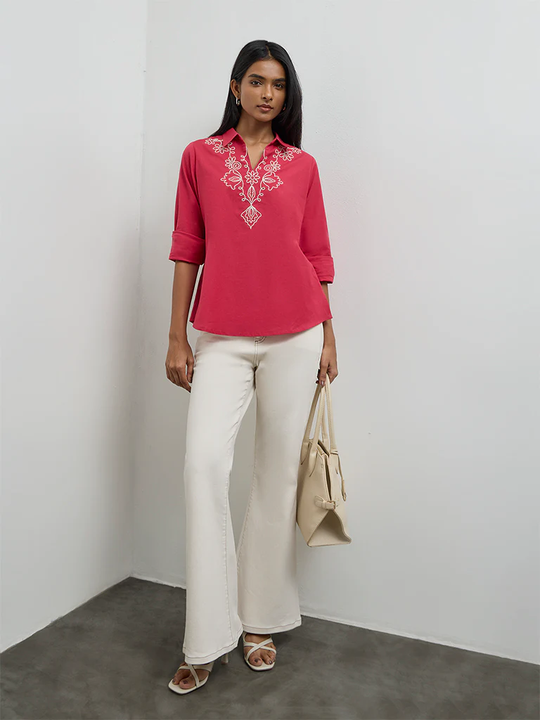 Utsa Fuchsia Embroidered Cotton-Blend Tunic - Image 2